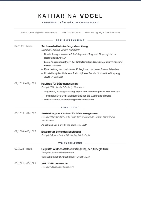 Lebenslauf-Beispiel Kauffrau für Büromanagement