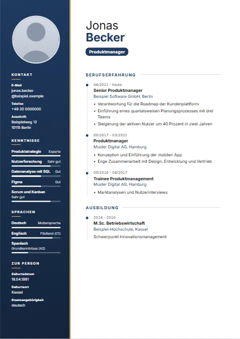 Lebenslauf-Vorlage Sidebar: Farbige Seitenleiste für die Person, Werdegang an einer Zeitlinie.